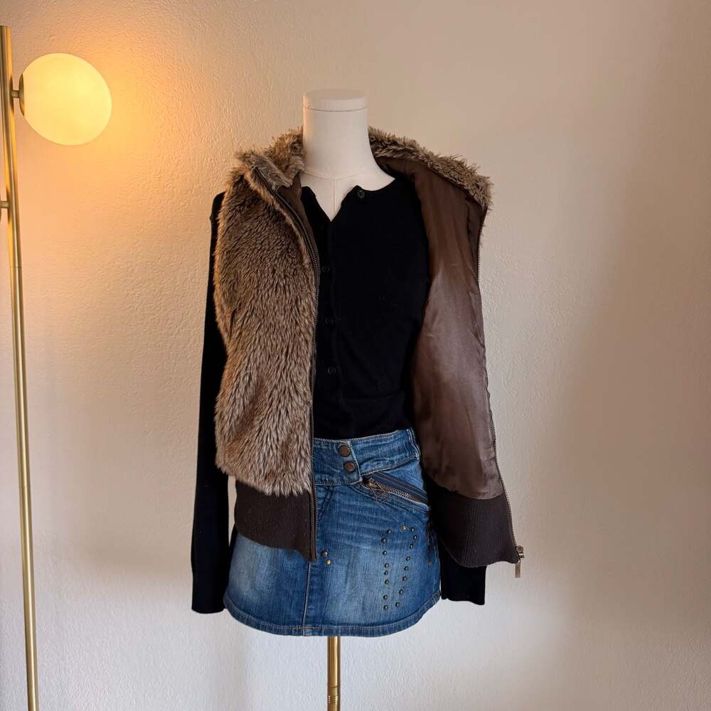 Charlotte Russe Brown Faux Fur Zip Up Vest Medium Y2K